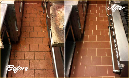 Before and After Picture of Awendaw Restaurant's Querry Tile Floor Recolored Grout