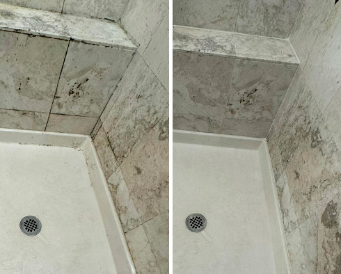 Shower Floor Before and After Our Hard Surface Restoration Services in Kiawah Island