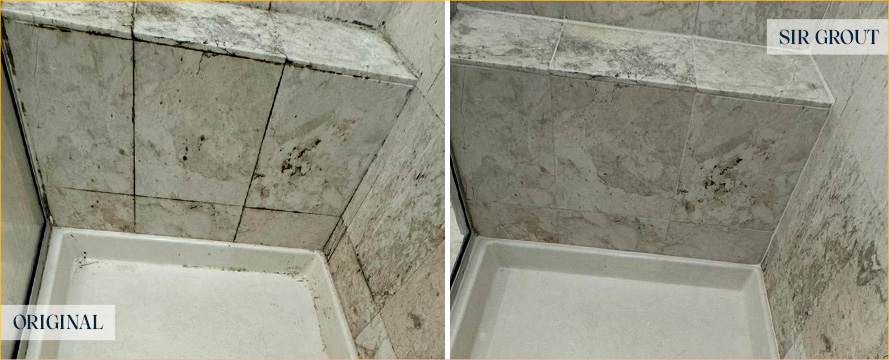 Shower Floor Before and After Our Hard Surface Restoration Services in Kiawah Island