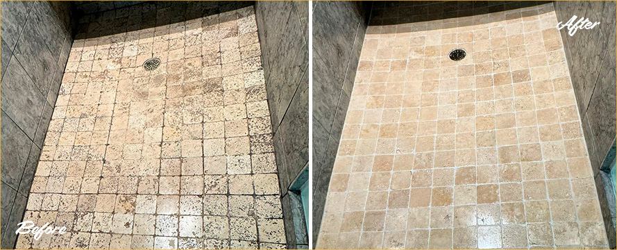 Travertine and Marble Shower Before and After a Stone Cleaning in Mount Pleasant