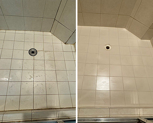 Shower Floor Before and After a Service from Our Tile and Grout Cleaners in Hollywood