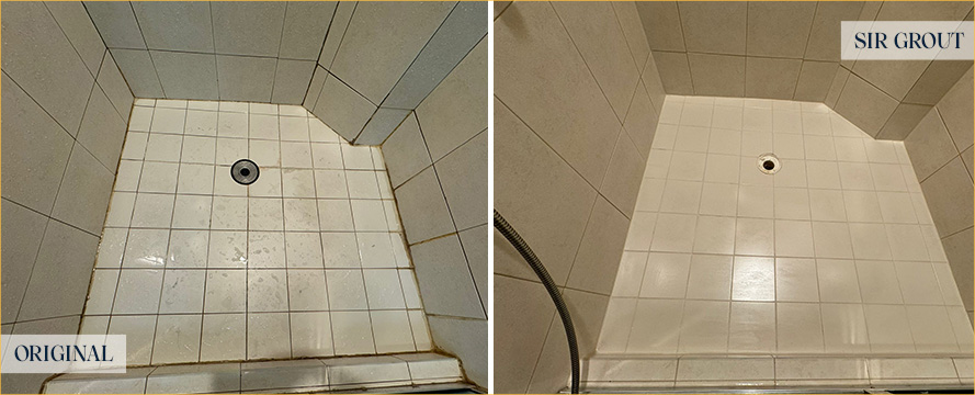 Shower Floor Before and After a Service from Our Tile and Grout Cleaners in Hollywood