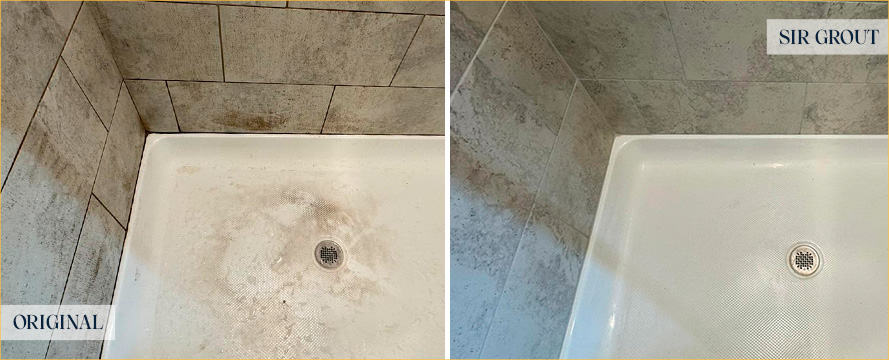 Shower Floor and Seams Before and After a Service from Our Tile and Grout Cleaners in Charleston