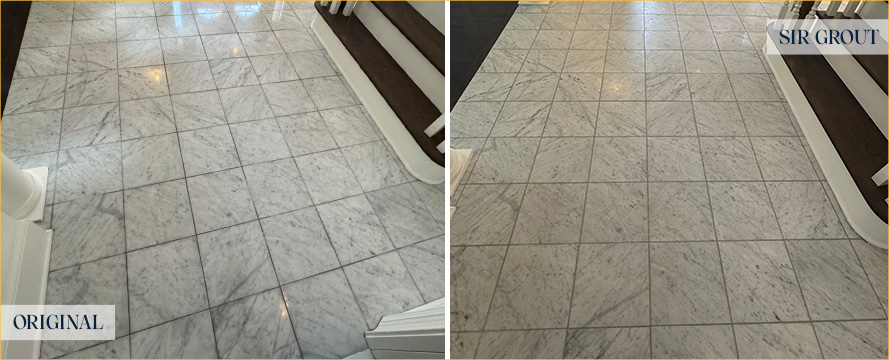 Tile Floor Before and After a Grout Recoloring in Mount Pleasant
