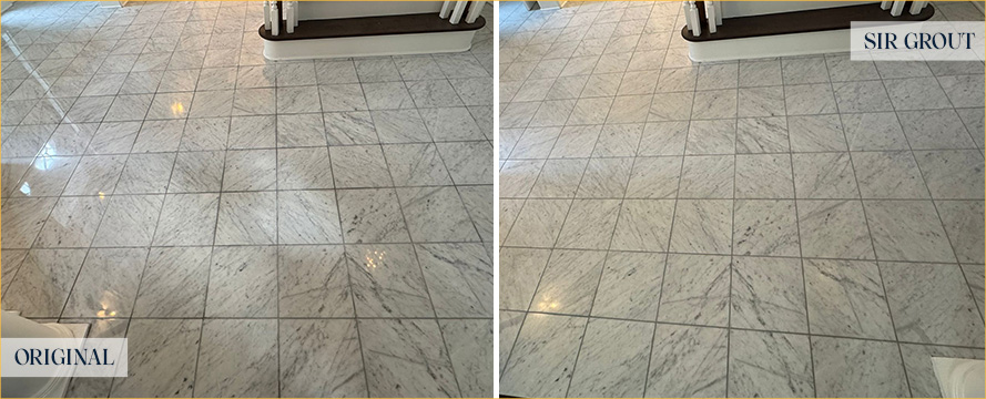 Entryway Floor Before and After a Grout Recoloring in Mount Pleasant
